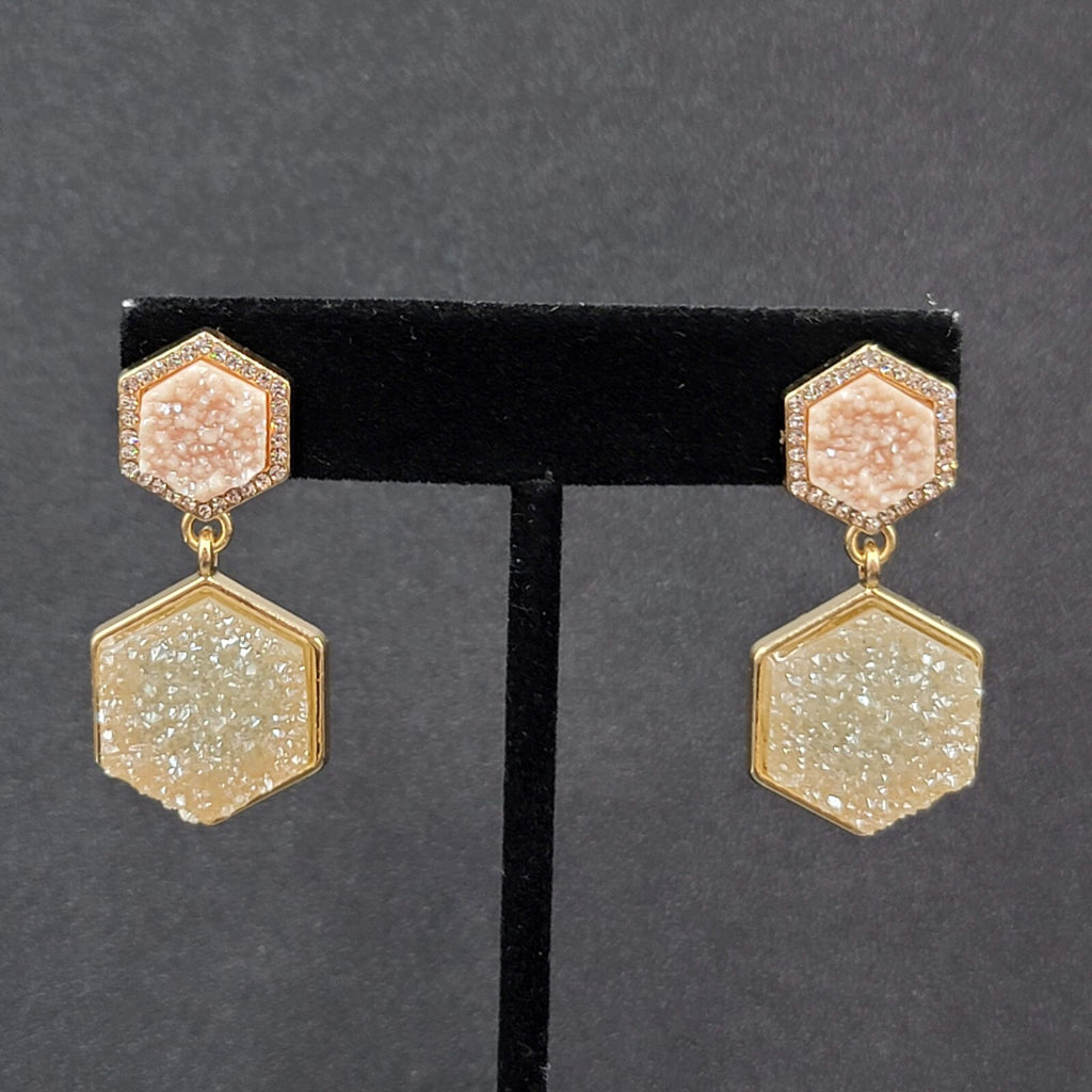 Sugar Fix Pierced Earrings Acrylic Pink Druzy Hexagon Dangle Gold tone 1.5"