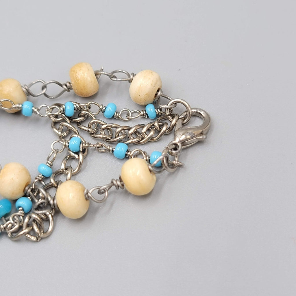 Boho Wood Rose Pendant Necklace Silver tone Double Glass Bead Chains 14"-17"