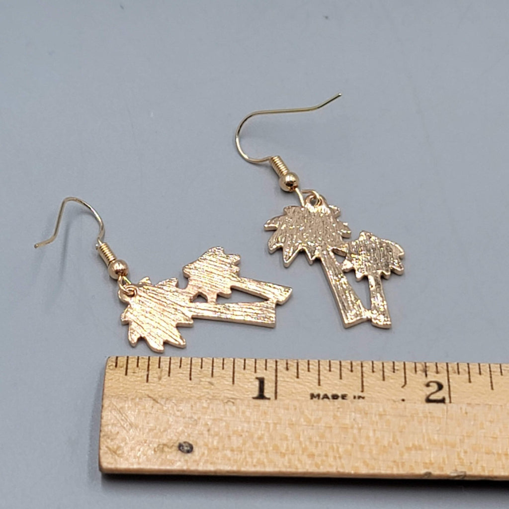 Enamel Double Palm Tree Pierced Earrings Gold tone Dangle 1"