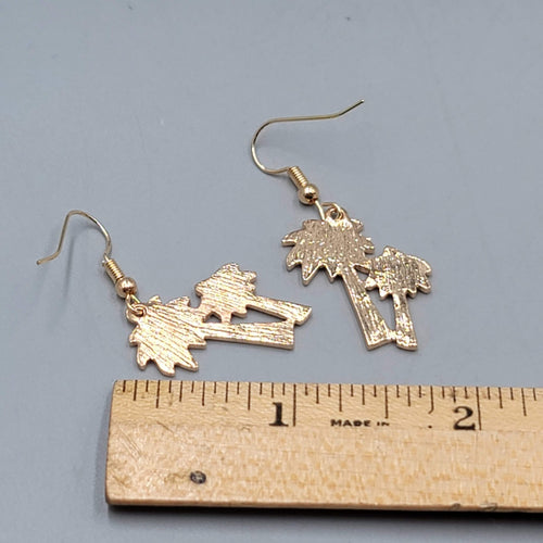 Enamel Double Palm Tree Pierced Earrings Gold tone Dangle 1"