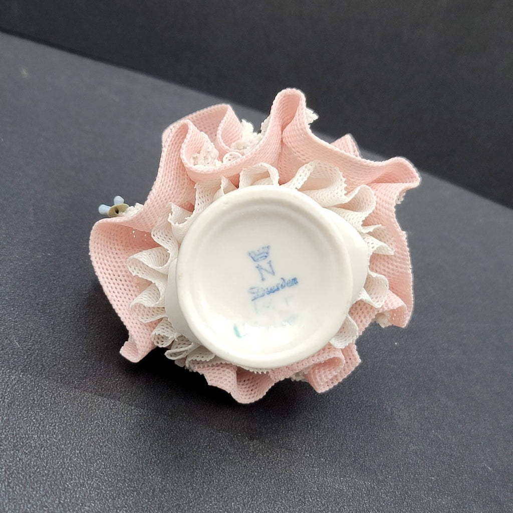 Dresden Porcelain Lace Lady in Bonnet Figurine Flowers 4 in