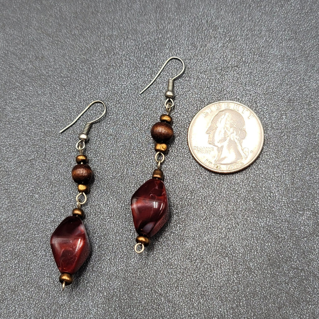 Pierced Earrings Wood Bead Red Swirl Acrylic Bead Dangle  1.75"