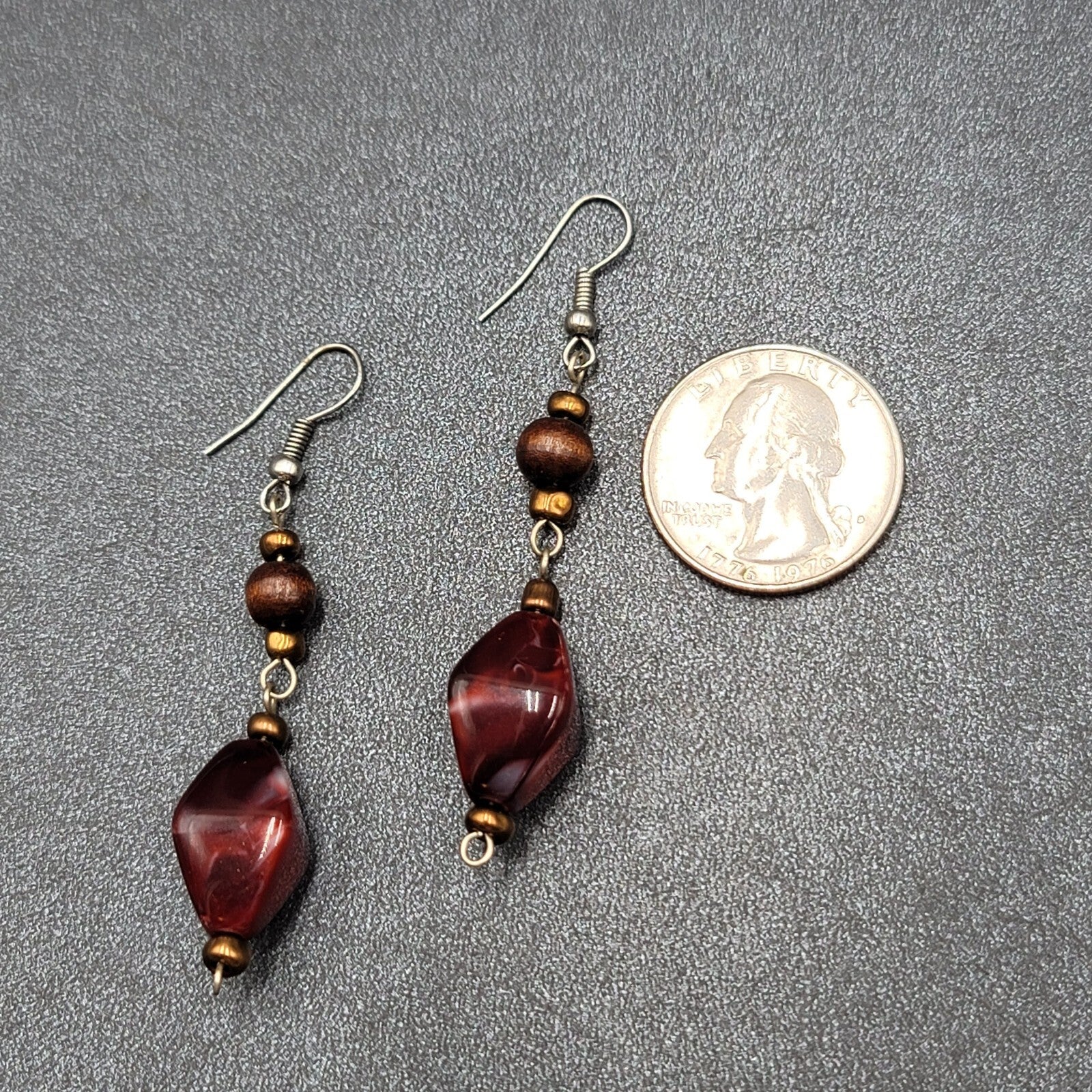 Pierced Earrings Wood Bead Red Swirl Acrylic Bead Dangle  1.75"