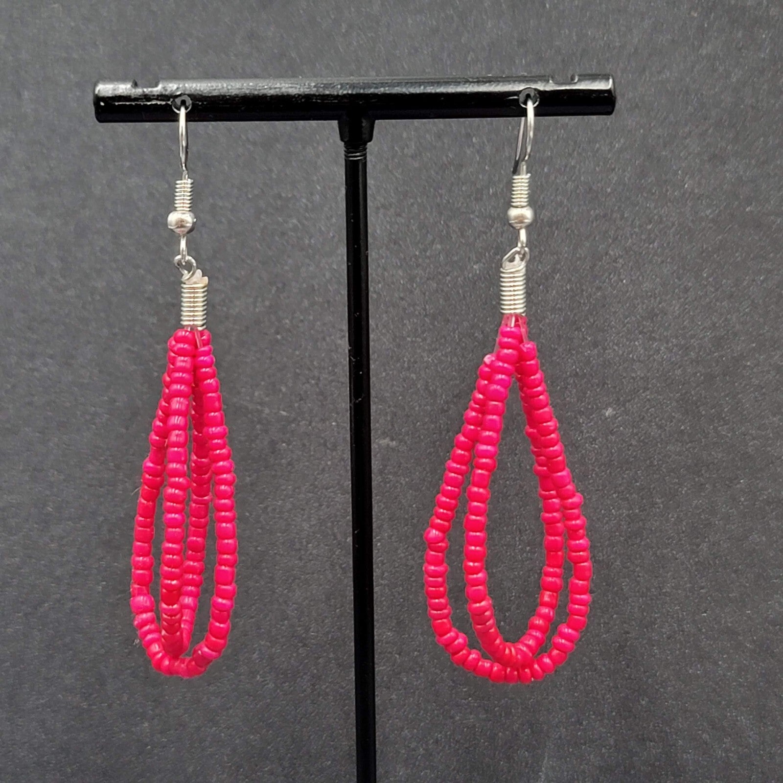 Pierced Earrings Red Seed Beaded Double Loops Dangle 2"