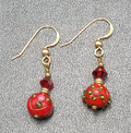 Gold Filled Pierced Earrings Red Glass Wedding Cake Bead Flowers 1"