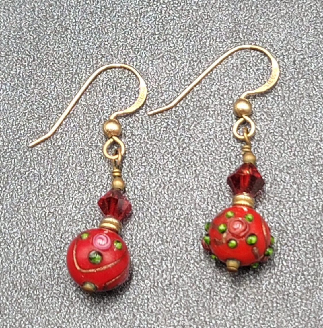 Gold Filled Pierced Earrings Red Glass Wedding Cake Bead Flowers 1"