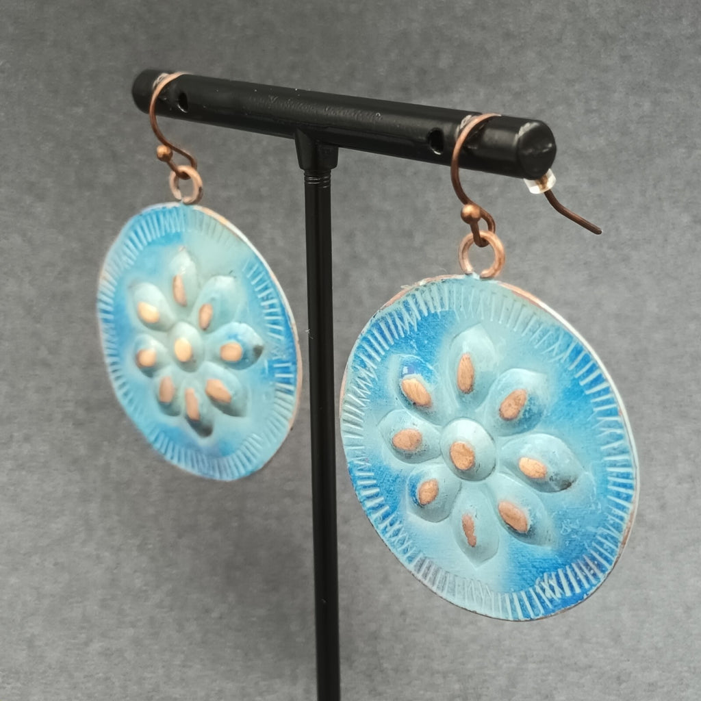 Pierced Earrings Copper tone Blue Enamel Flower Embossed Discs Dangle Boho 1.25"