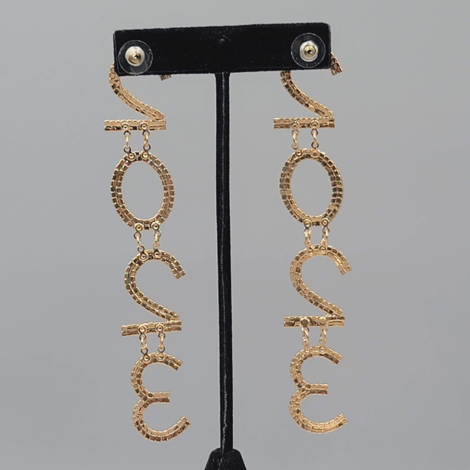 2023 Pierced Earrings Gold tone Rhinestone Dangle Long 4.75"