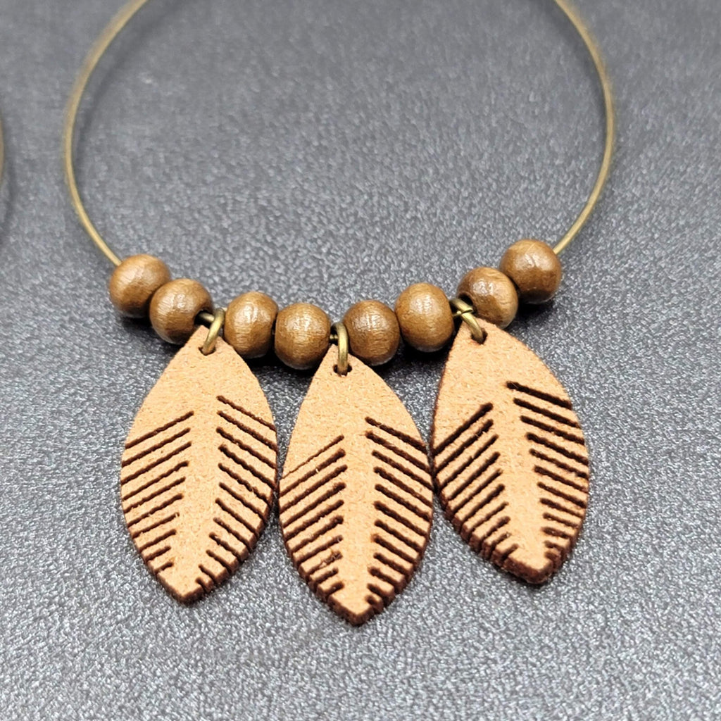 New Boho Pierced Earrings Bronze tone Faux Leather Leaves Wood Bead Hoops 3.25"