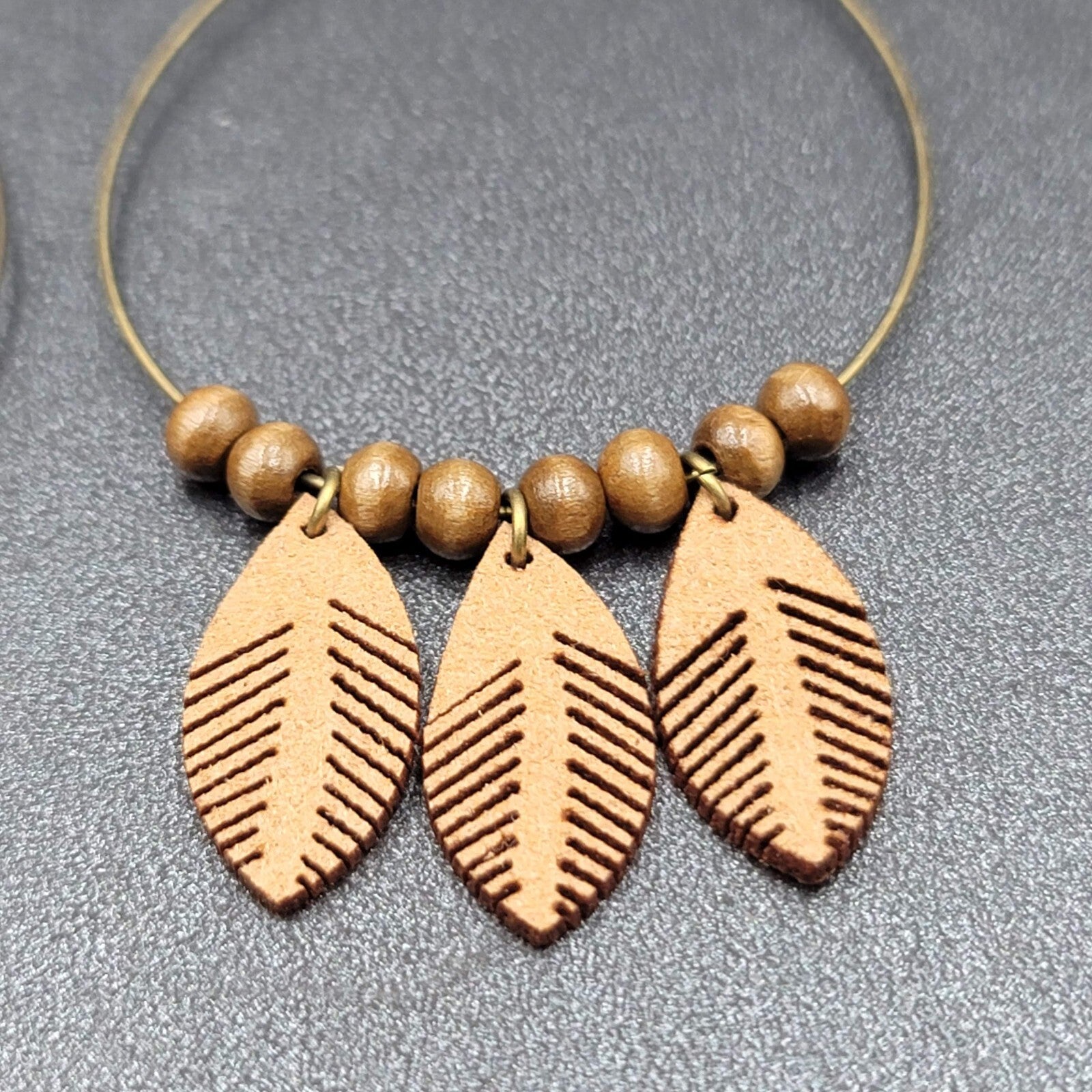 New Boho Pierced Earrings Bronze tone Faux Leather Leaves Wood Bead Hoops 3.25"