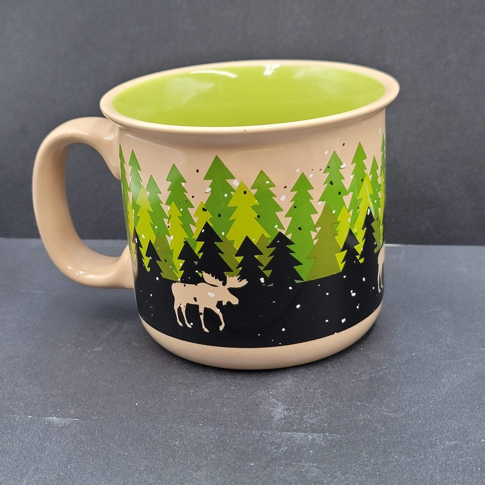 Lazy One Mug Tan Green Snowy Woodland Trees Moose Coffee Cup