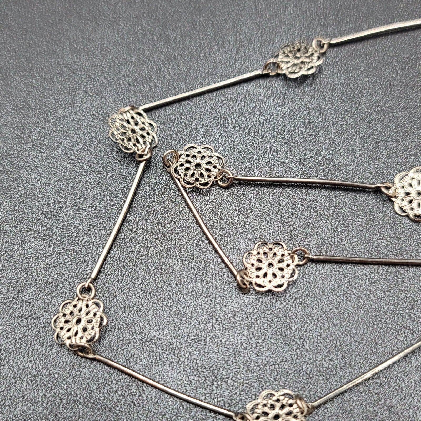 Vintage Necklace Silver tone Filigree Flower Station Chain Long 38"