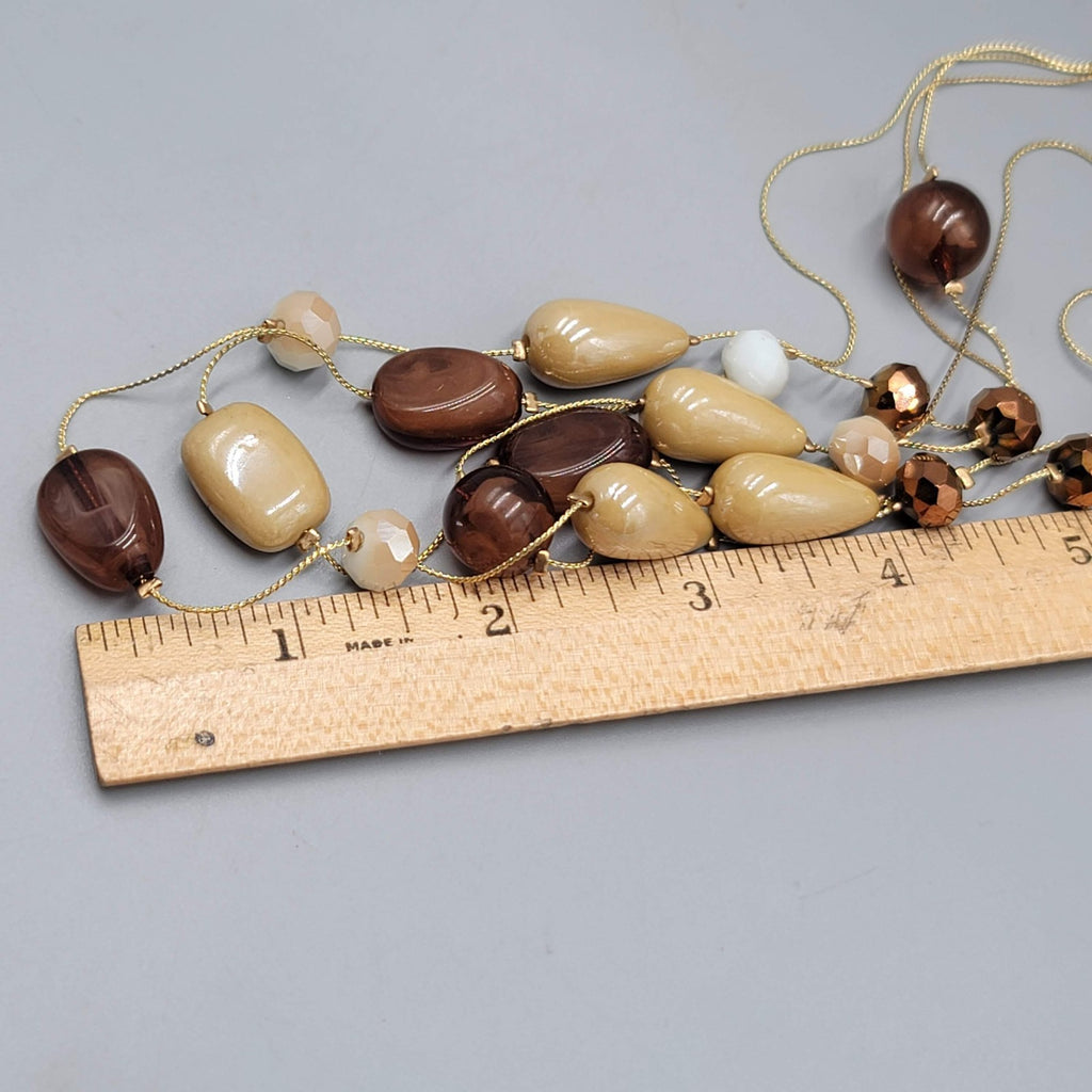 Brown Bead Station Necklace Gold tone Triple Layer 16"-18"