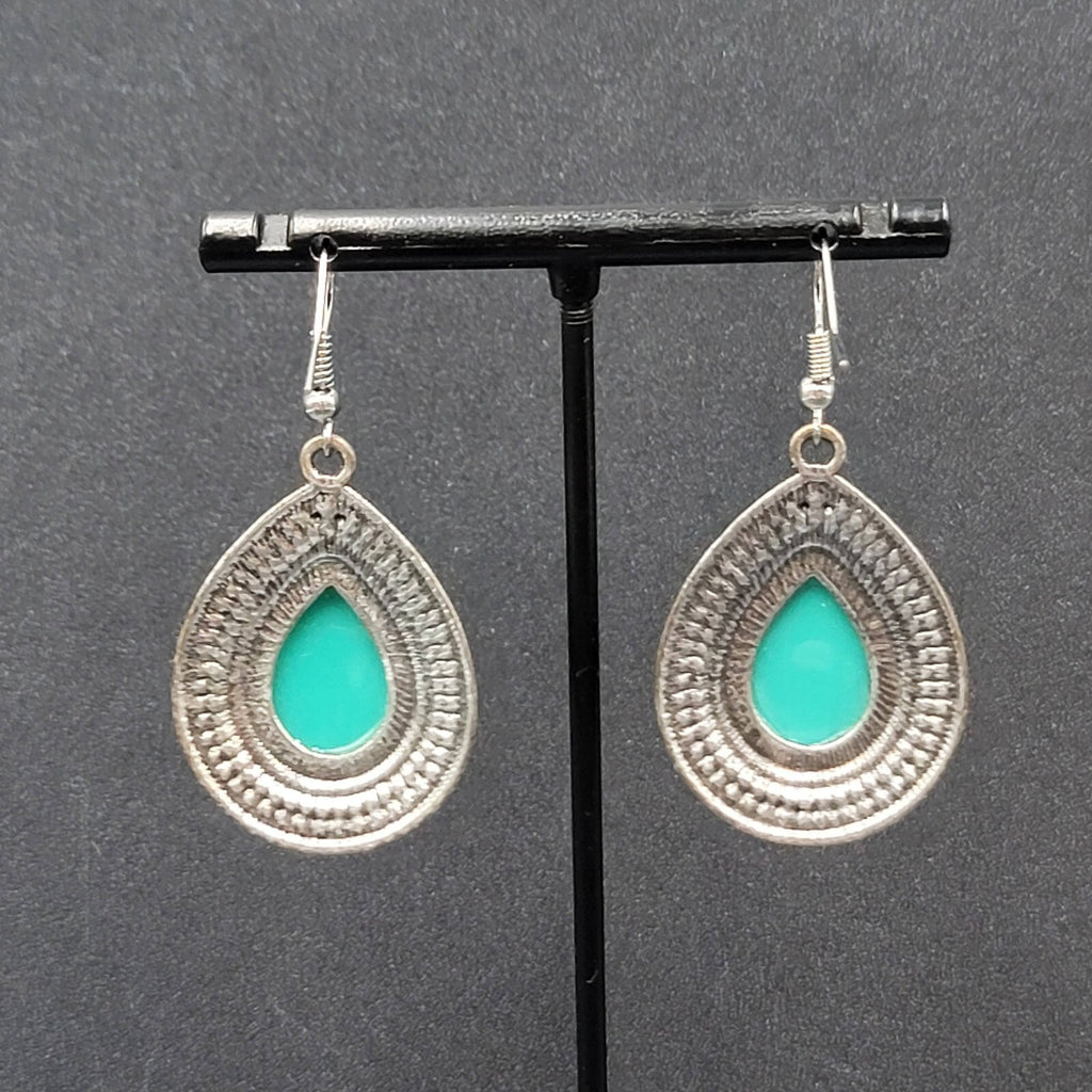 Pierced Earrings Silver tone Faux Resin Turquoise Blue Teardrop Dangle 1 3/8"