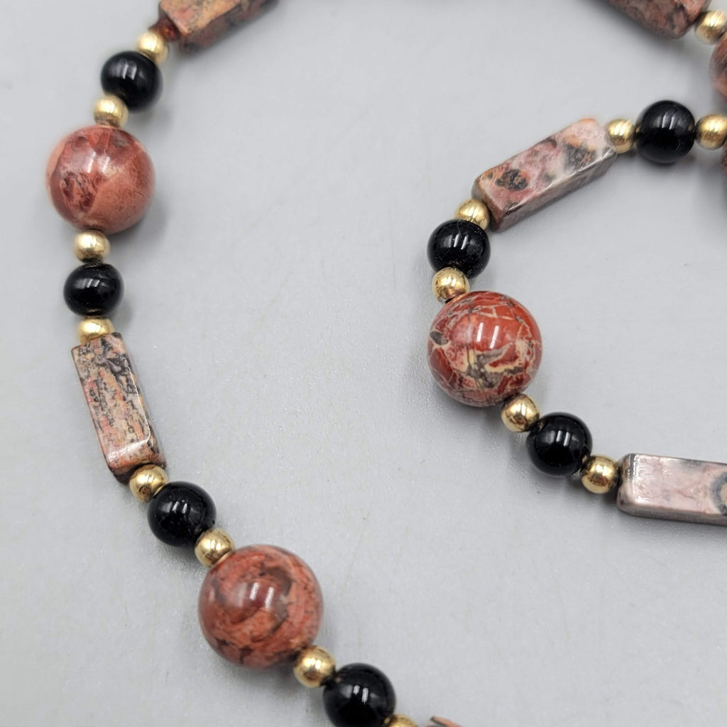 Leopard Skin Jasper Stone Bead Necklace Gold tone 30 in