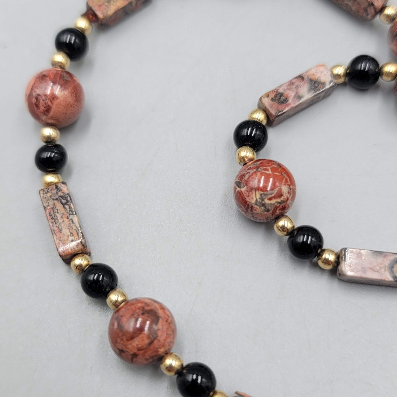 Leopard Skin Jasper Stone Bead Necklace Gold tone 30 in