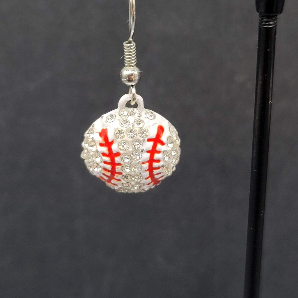 Baseball Pierced Earrings Rhinestone Enamel Dangle 3/4"