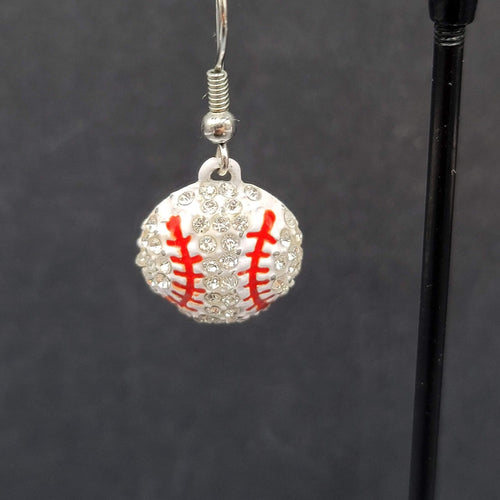 Baseball Pierced Earrings Rhinestone Enamel Dangle 3/4"