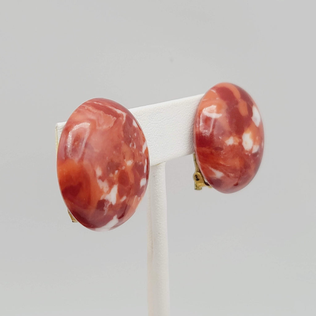 Vintage Confetti Red Round Clip on Earrings Acrylic Drop 1 1/8 in