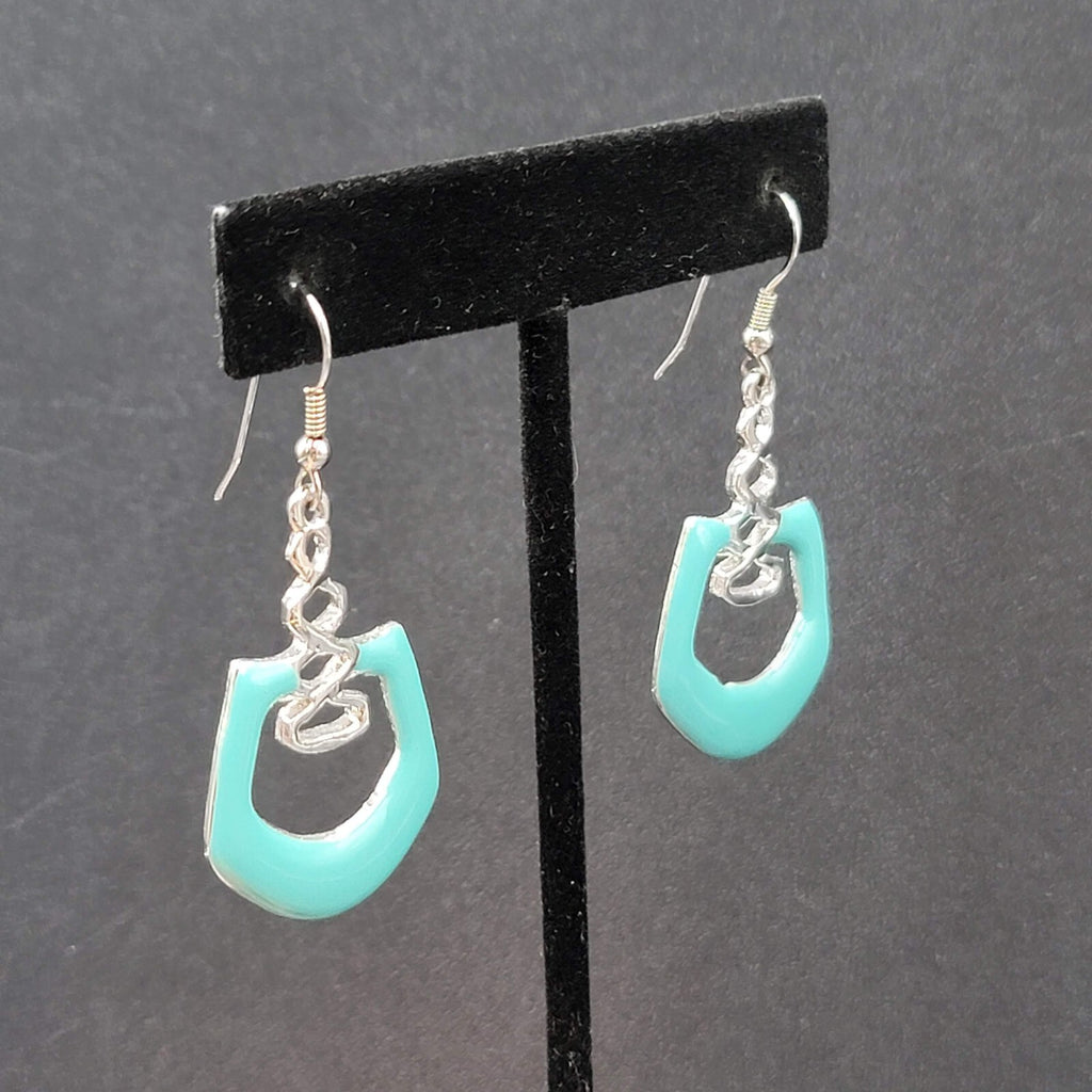 Pierced Earrings Silver Plated Blue Enamel Geometric Dangle 1.5"