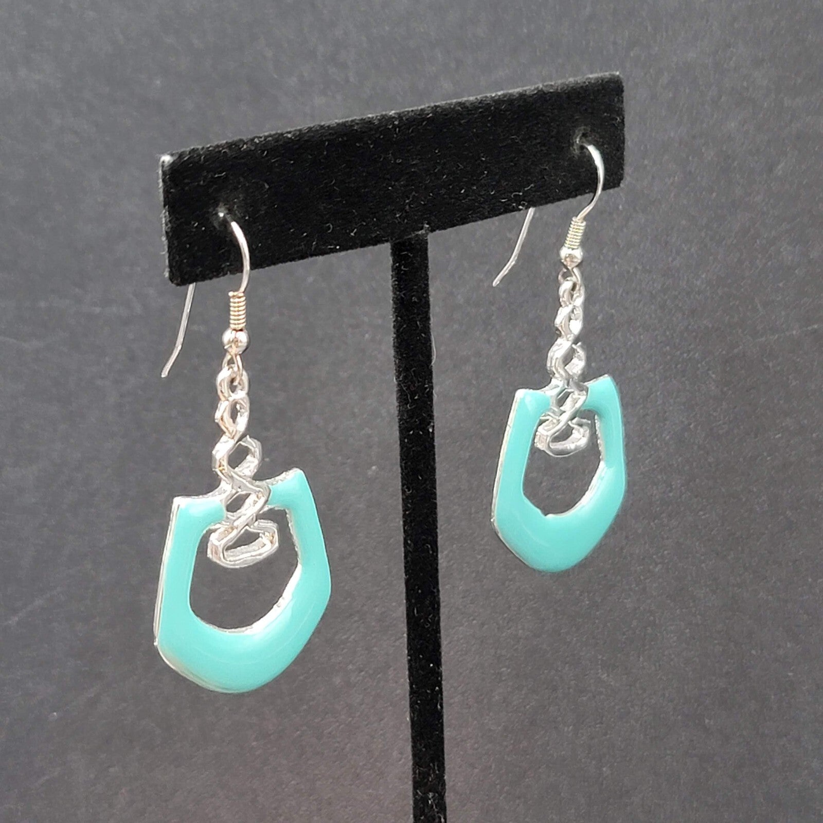 Pierced Earrings Silver Plated Blue Enamel Geometric Dangle 1.5"