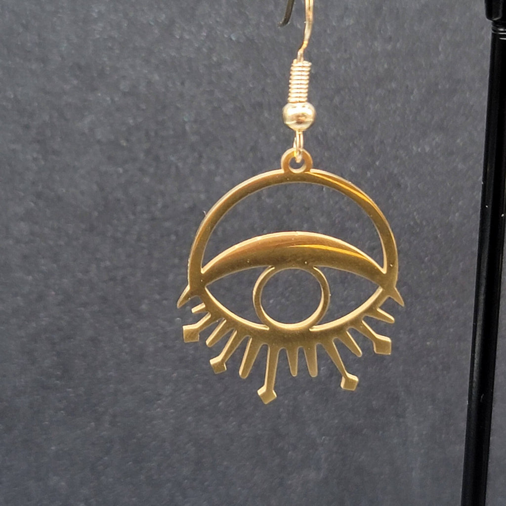 New Evil Eye Pierced Earrings Sun Rays Gold Plated Statement Dangle 1"