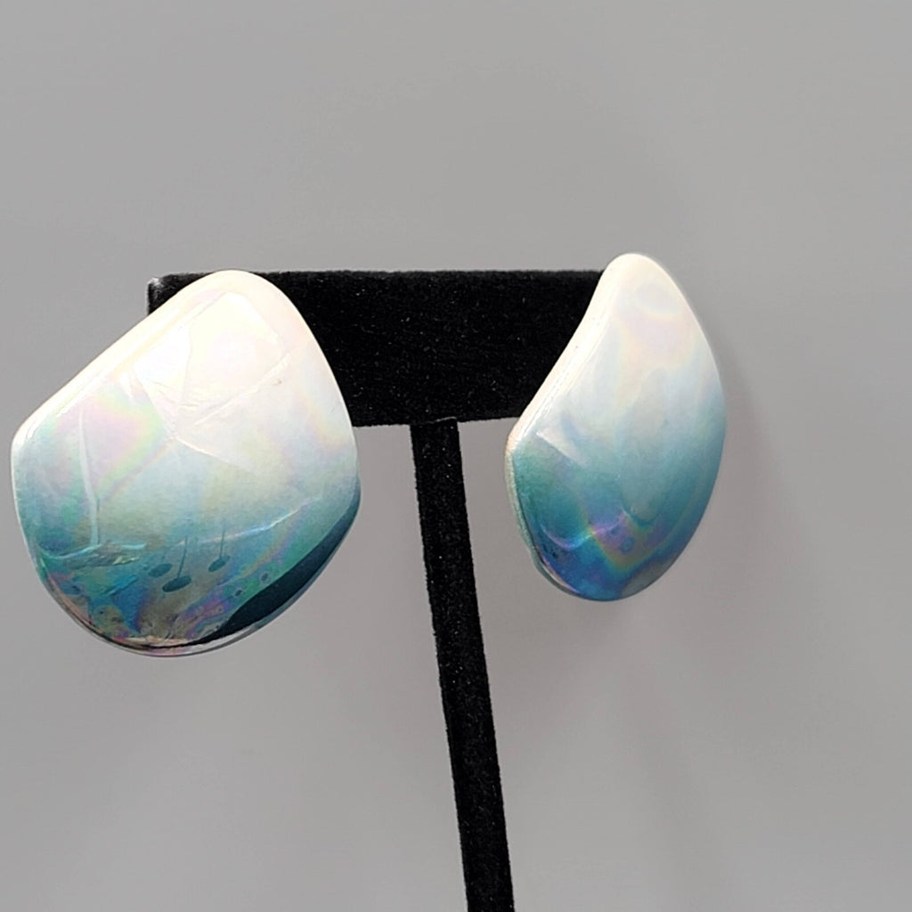 Vintage Ceramic Pierced Earrings White Teal Ombre Drop Statement 80s 1 3/8"