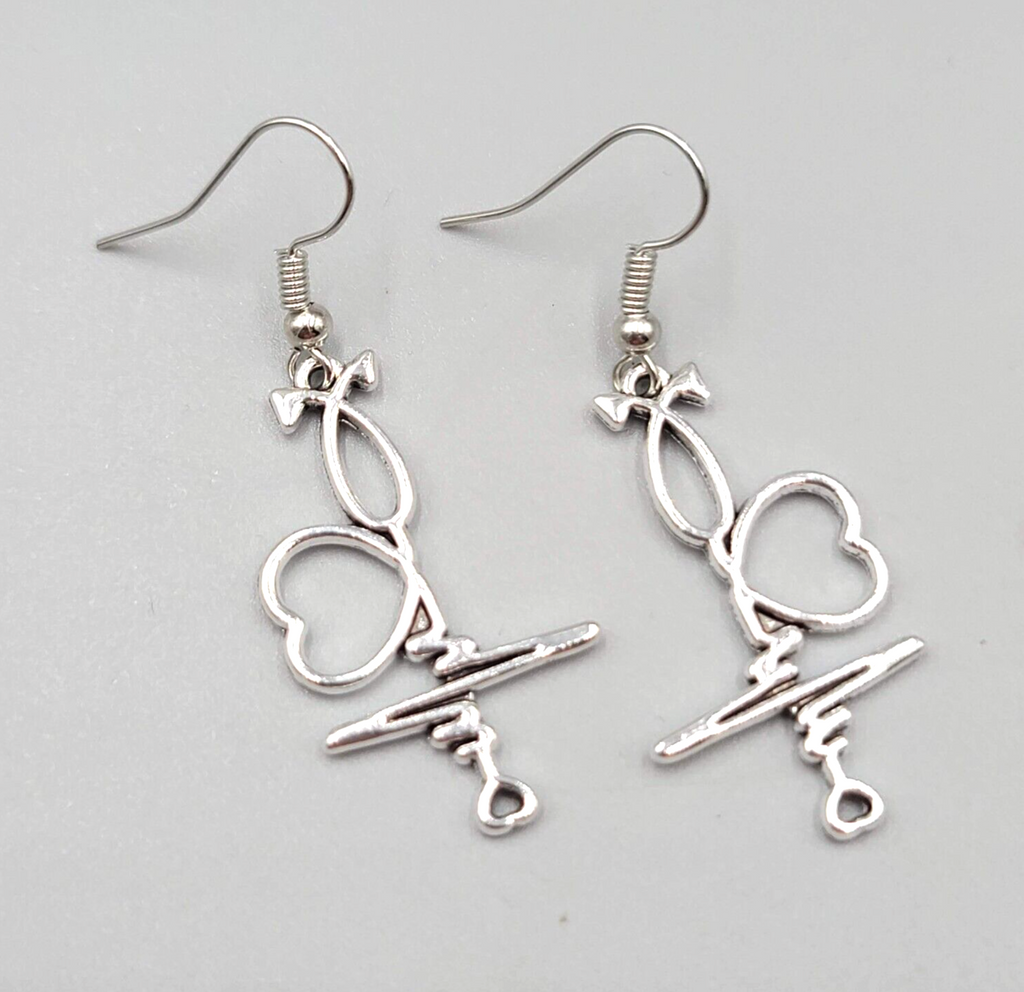 Medical Nurse Pierced Earrings Heart EKG ECG Silver tone Dangle 1.25"