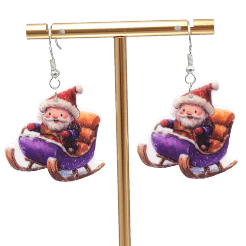 Christmas Santa Sleigh Pierced Earrings Silver tone Dangle 1.25 in