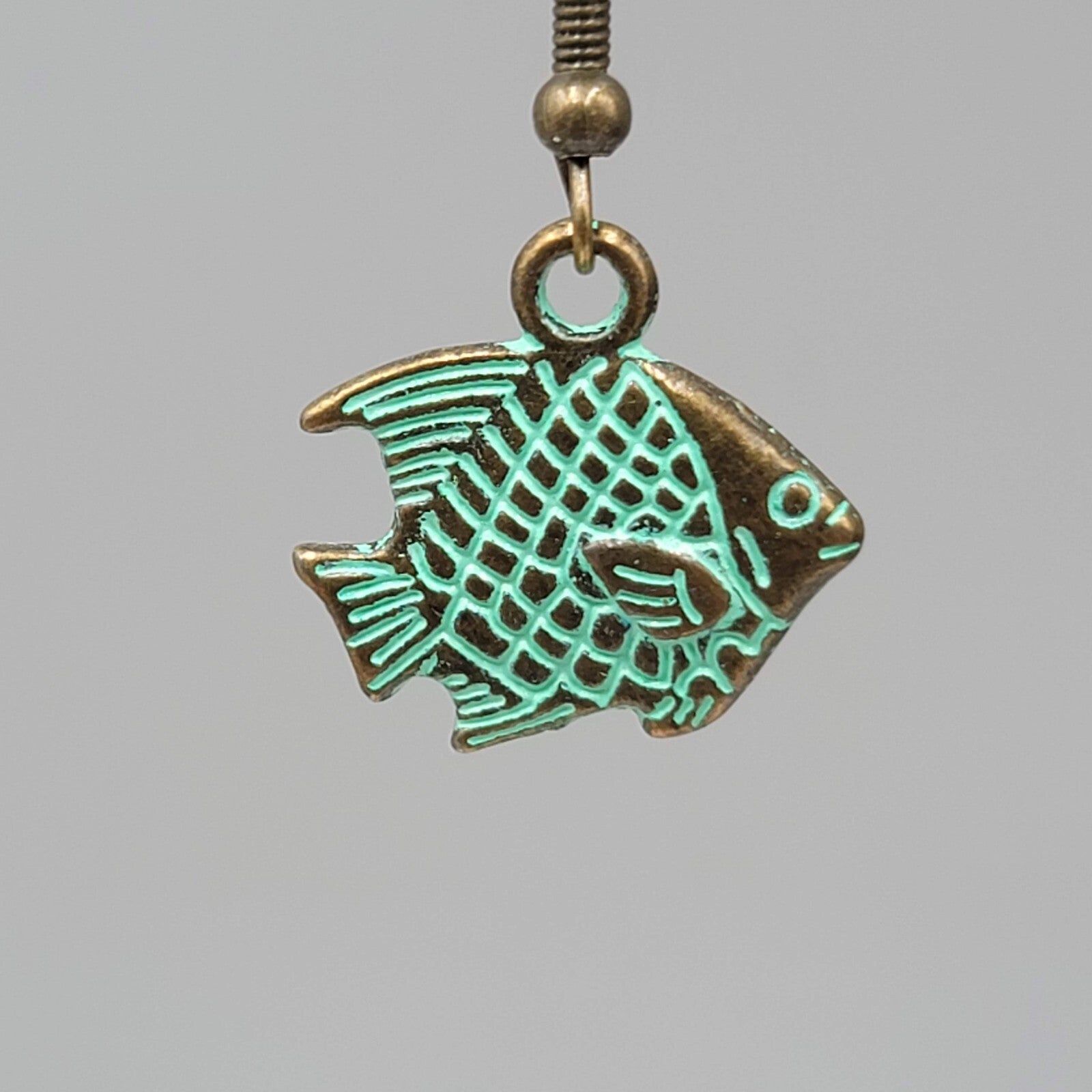 Fish Beach Sea life Pierced Earrings Bronze tone Green wash Dangle 5/8"