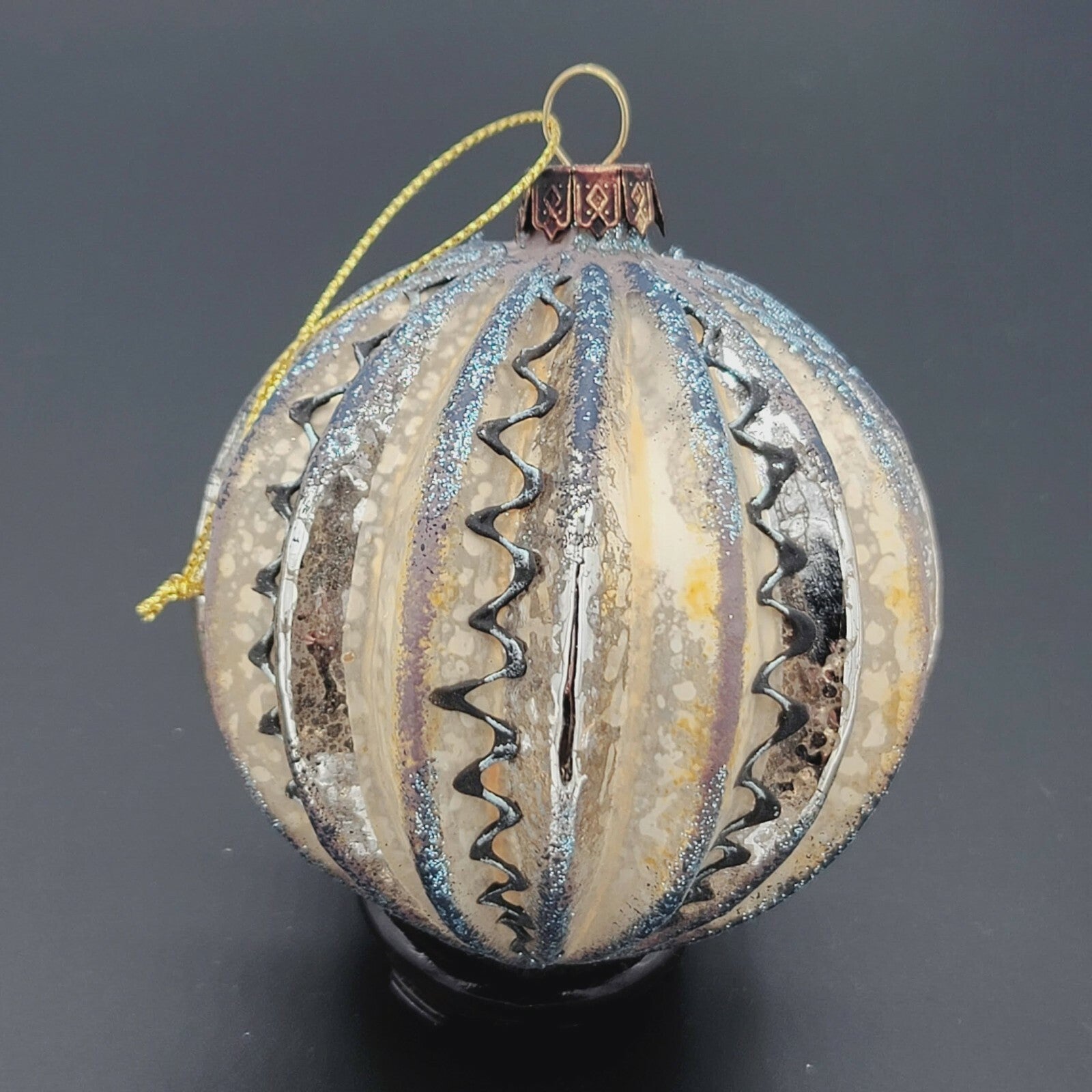 Vintage Blown Glass Silver Hand Painted Ribbed Ball Christmas Ornament 3"