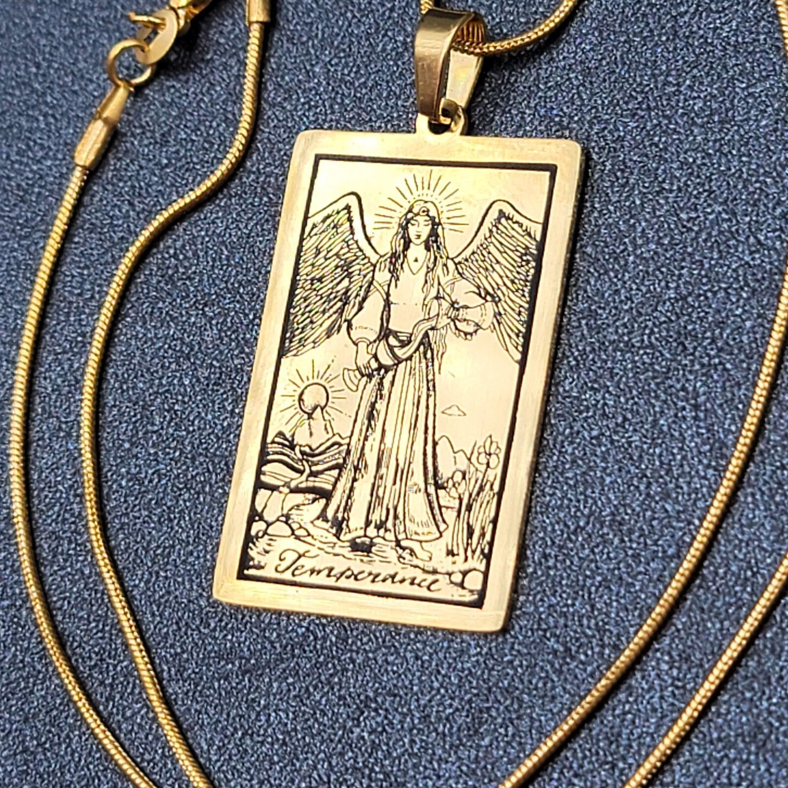 TEMPERANCE Tarot Card Pendant Necklace Major Arcana Gold tone 18”.