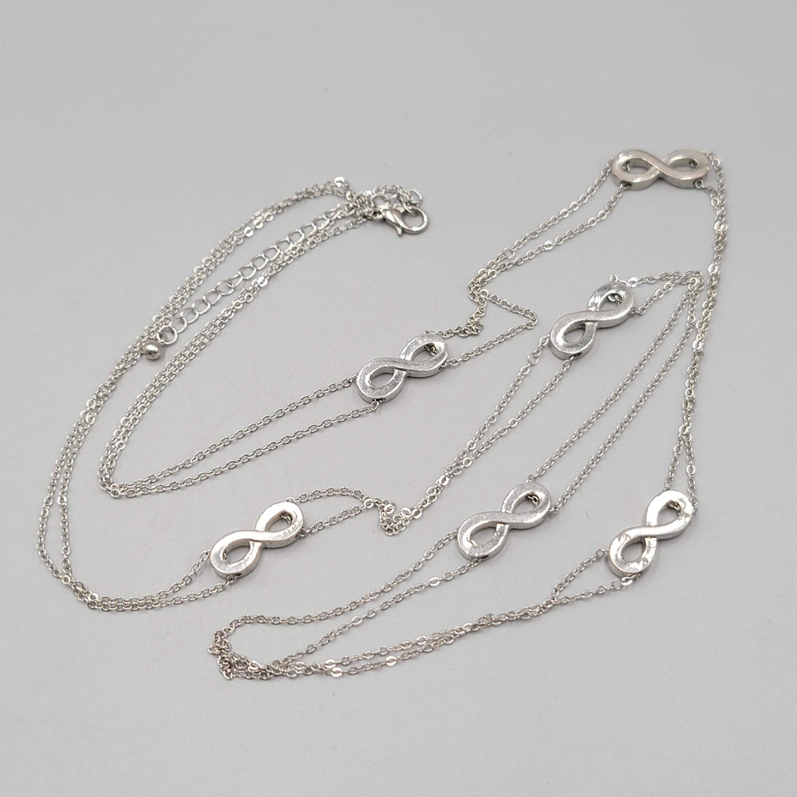 Extra Long Infinity Station Necklace Silver tone 36"+