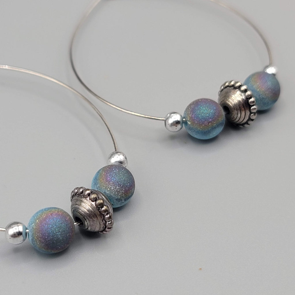 Pierced Earrings Silver tone Multicolor Blue Beads Hoops 2"