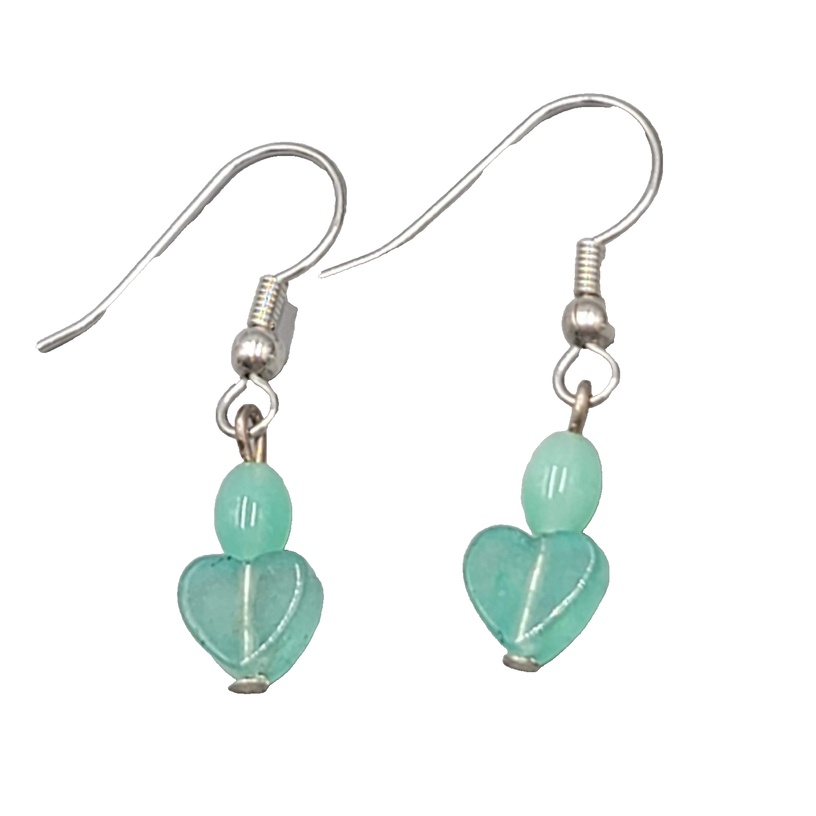Aventurine Heart Bead Pierced Earrings Silver tone Dangle Dainty 5/8 in