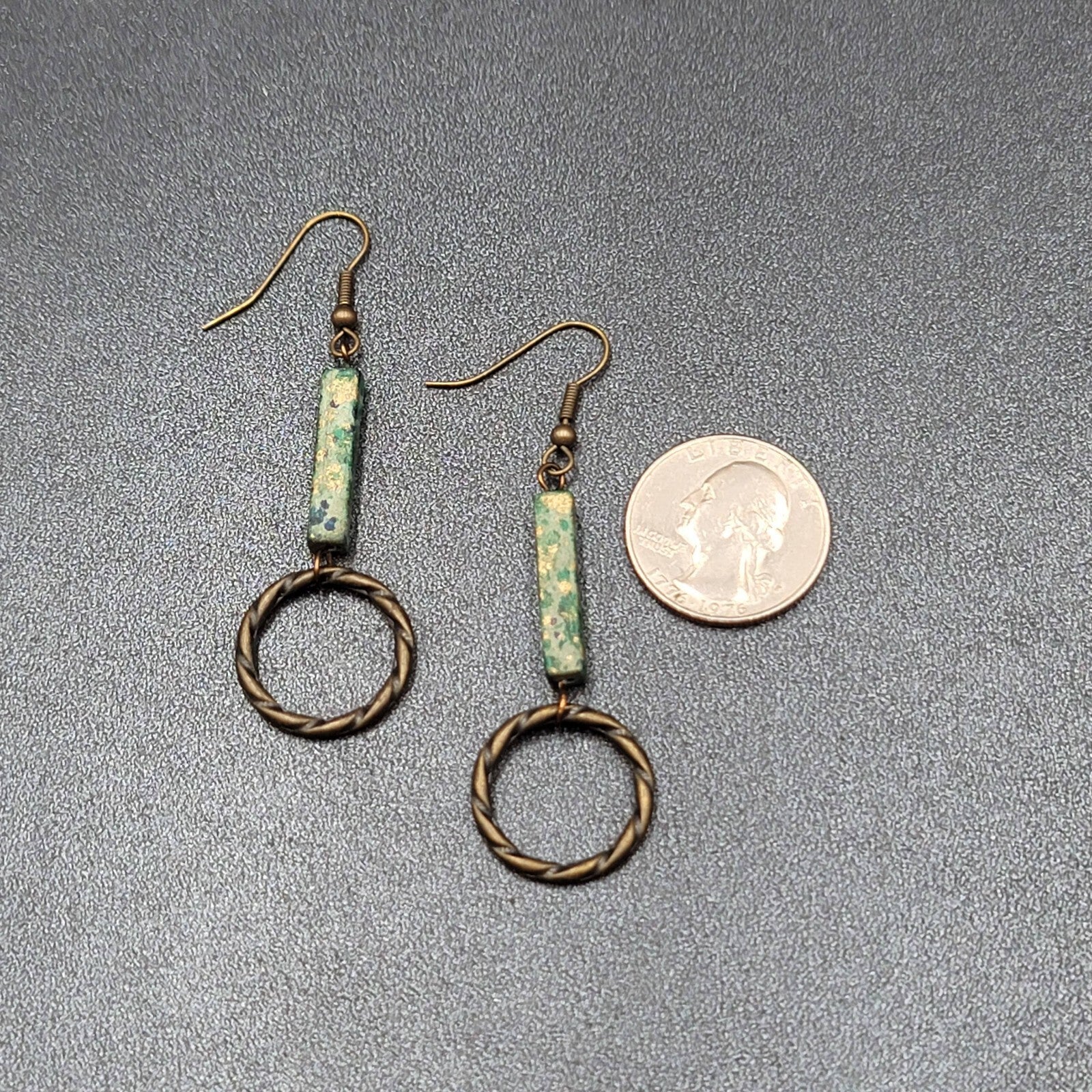 Pierced Earrings Bronze tone Green Stone Dangle 2"