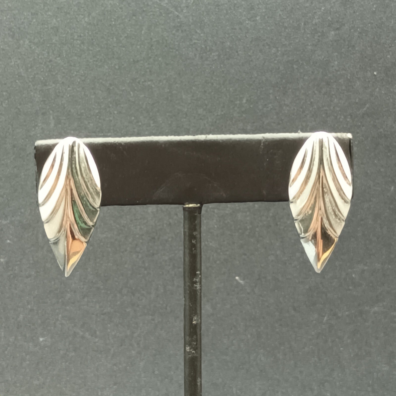 Pierced Earrings Silver tone Textured leaf Drop 1 1/8"