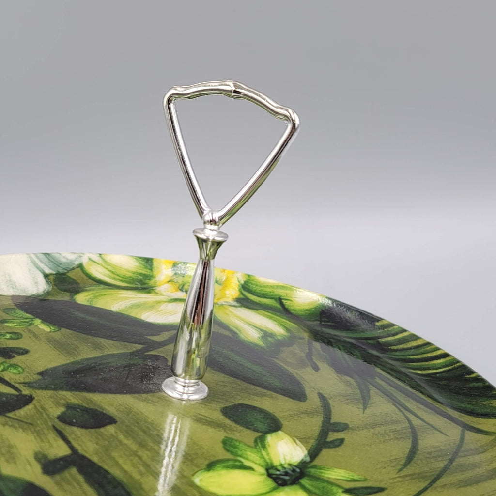 Vintage MCM Fiberglass Serving Tray Round Green Flowers 11"
