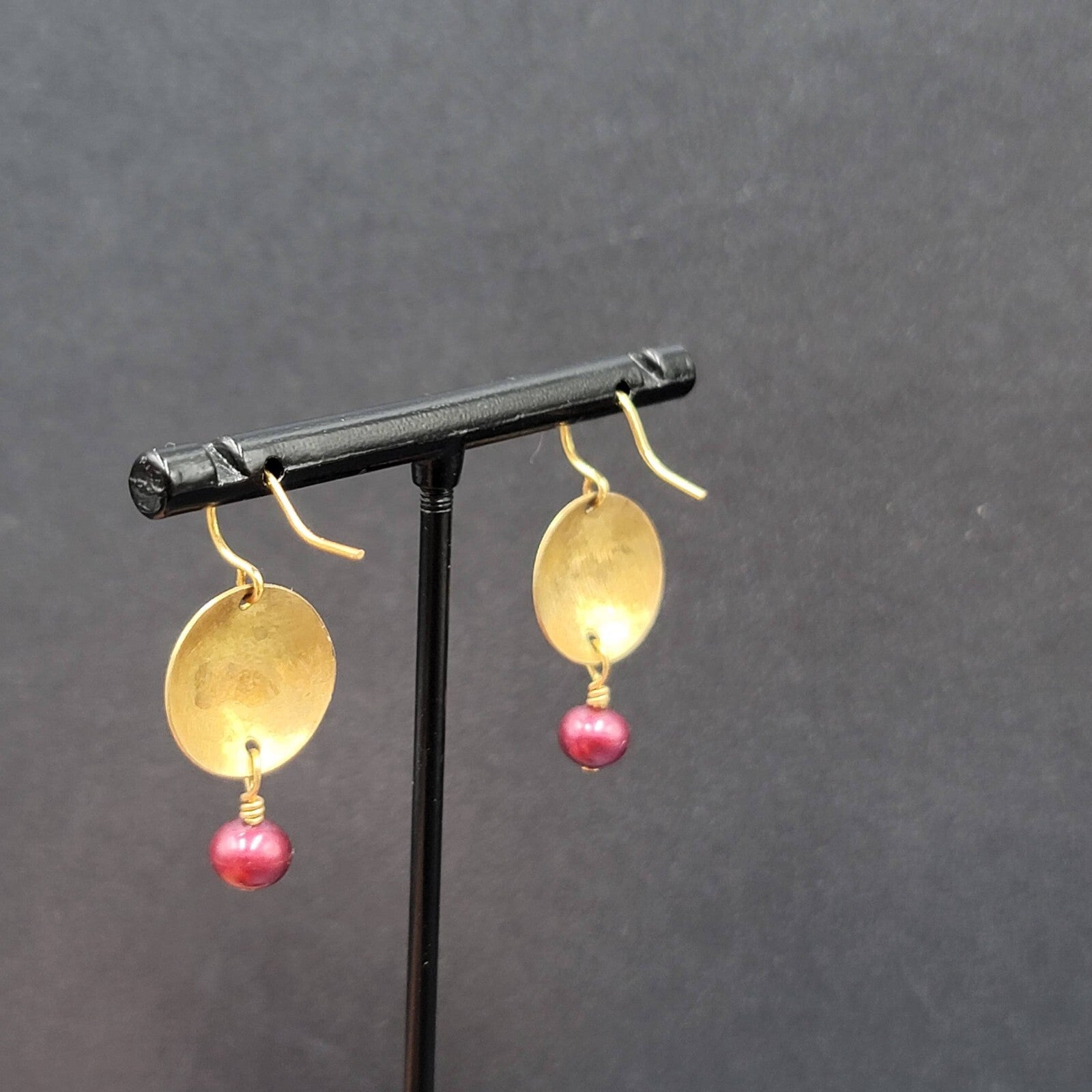 Pierced Earrings Brushed Gold Plated Embossed Disk Red Bead 1"