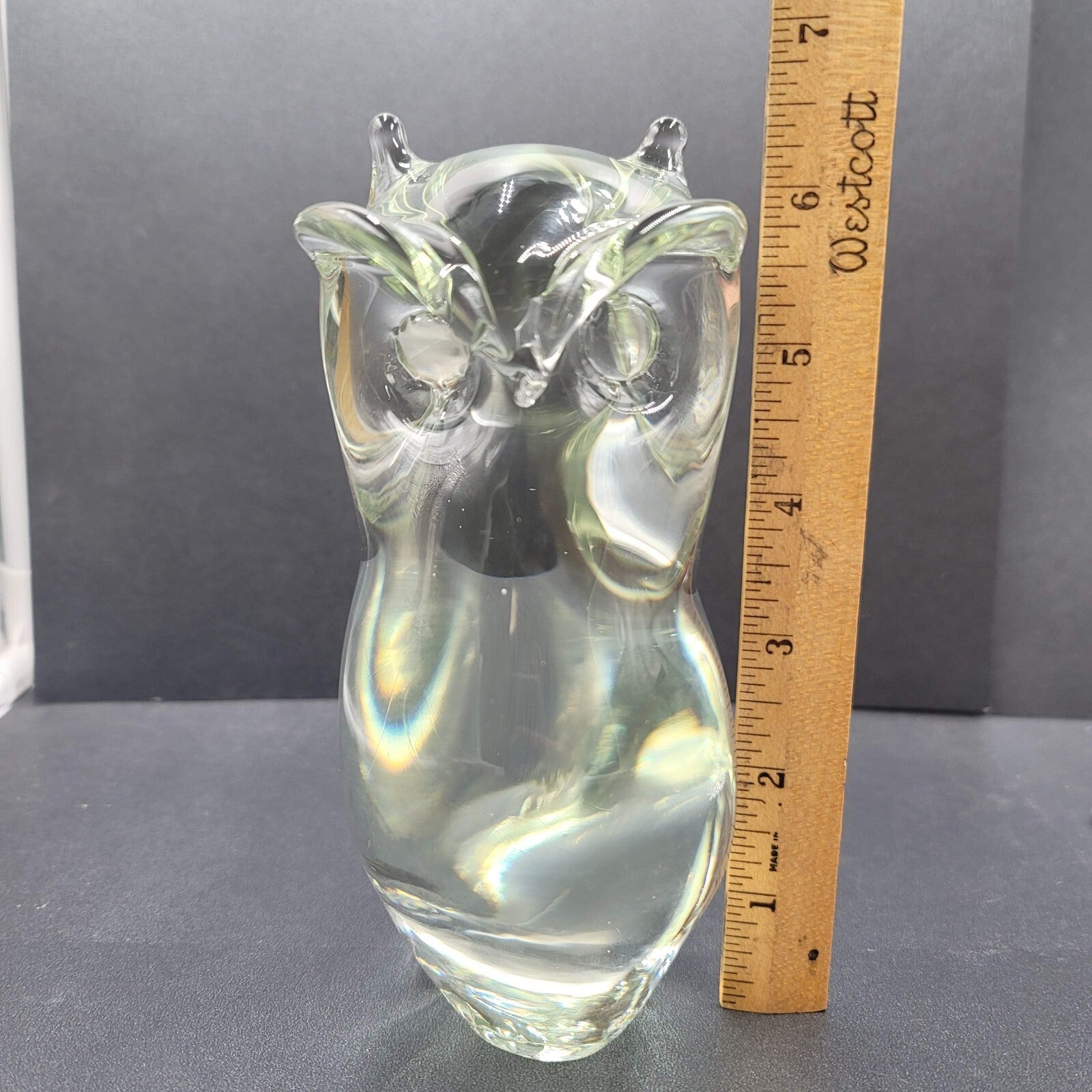 Vintage Solid Clear Glass Owl Figurine Hand Blown Mid Century 6.5" Rare Find
