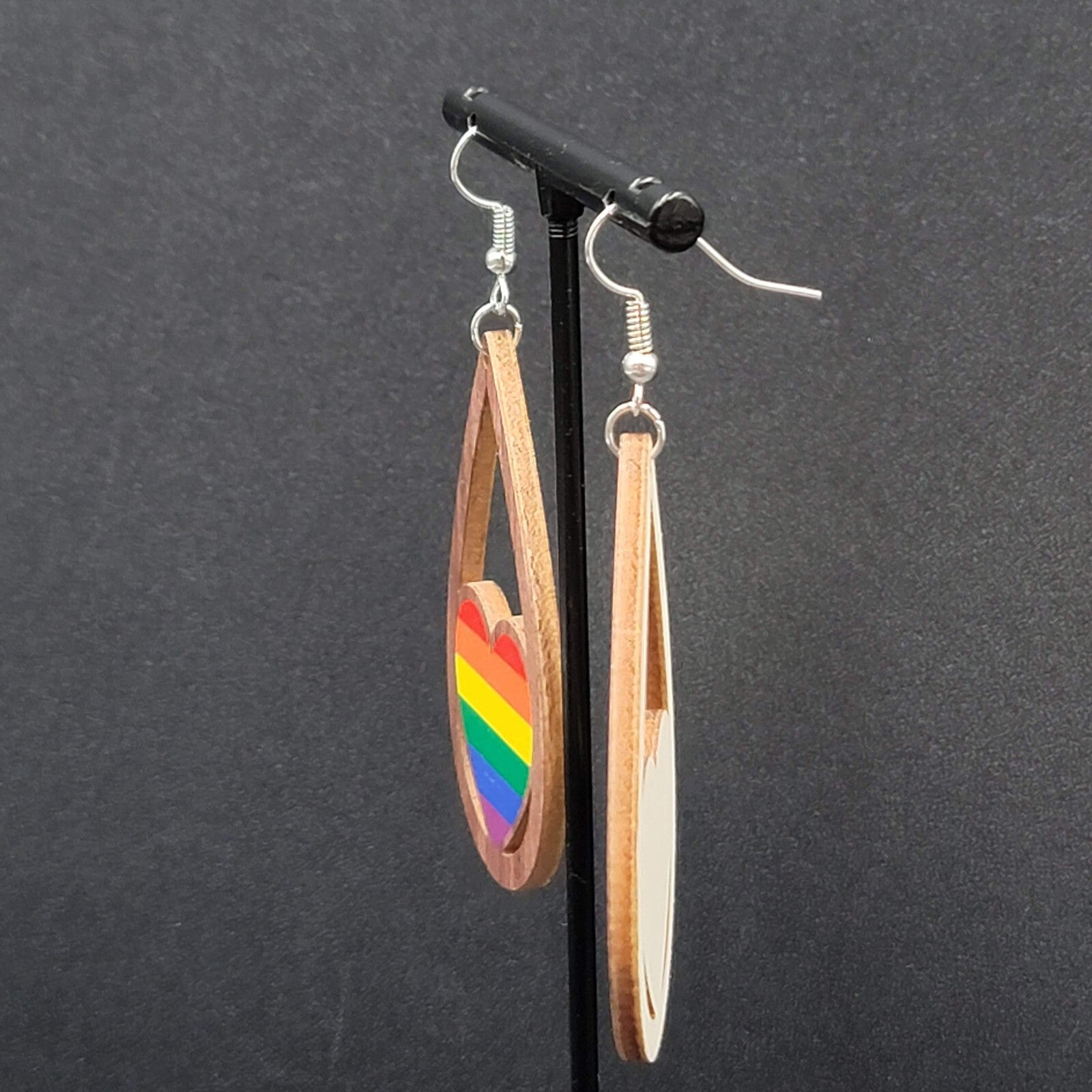 New PRIDE HEART Pierced Earrings Rainbow Wood Teardrop Dangle 2.25"