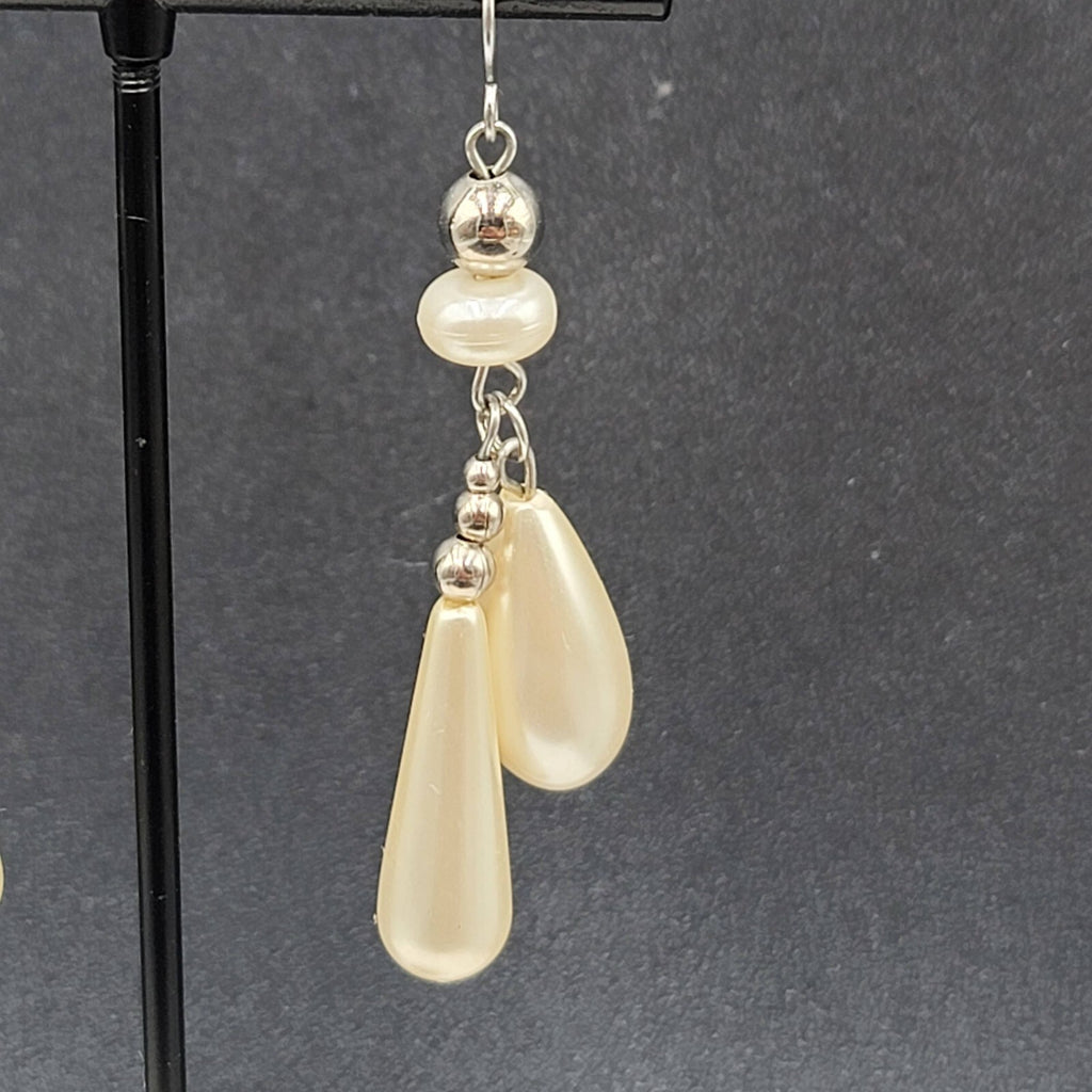 Pierced Earrings Silver tone White Teardrop Bead Dangle 2"