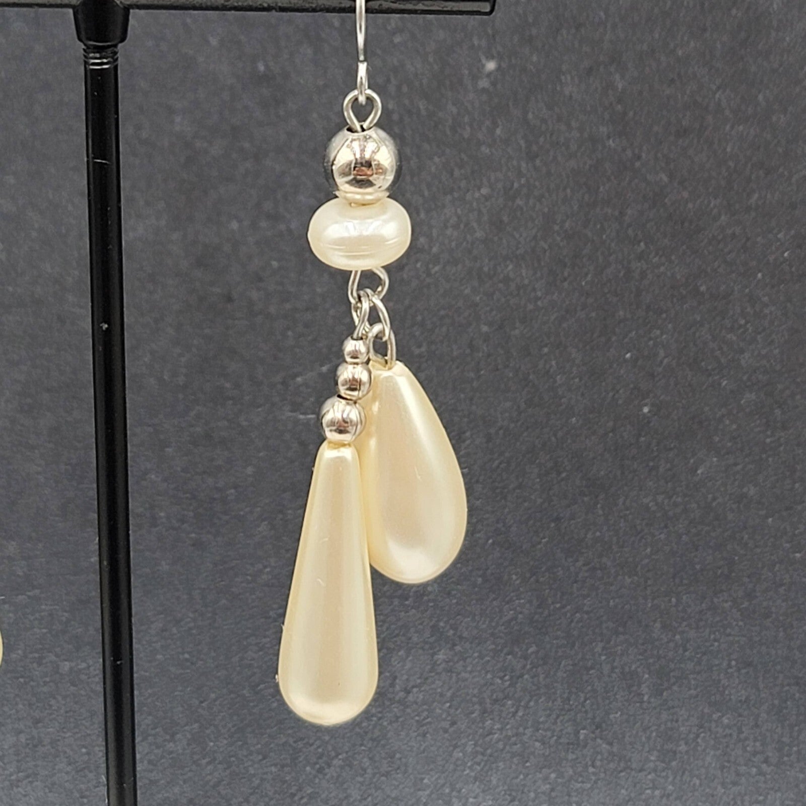 Pierced Earrings Silver tone White Teardrop Bead Dangle 2"