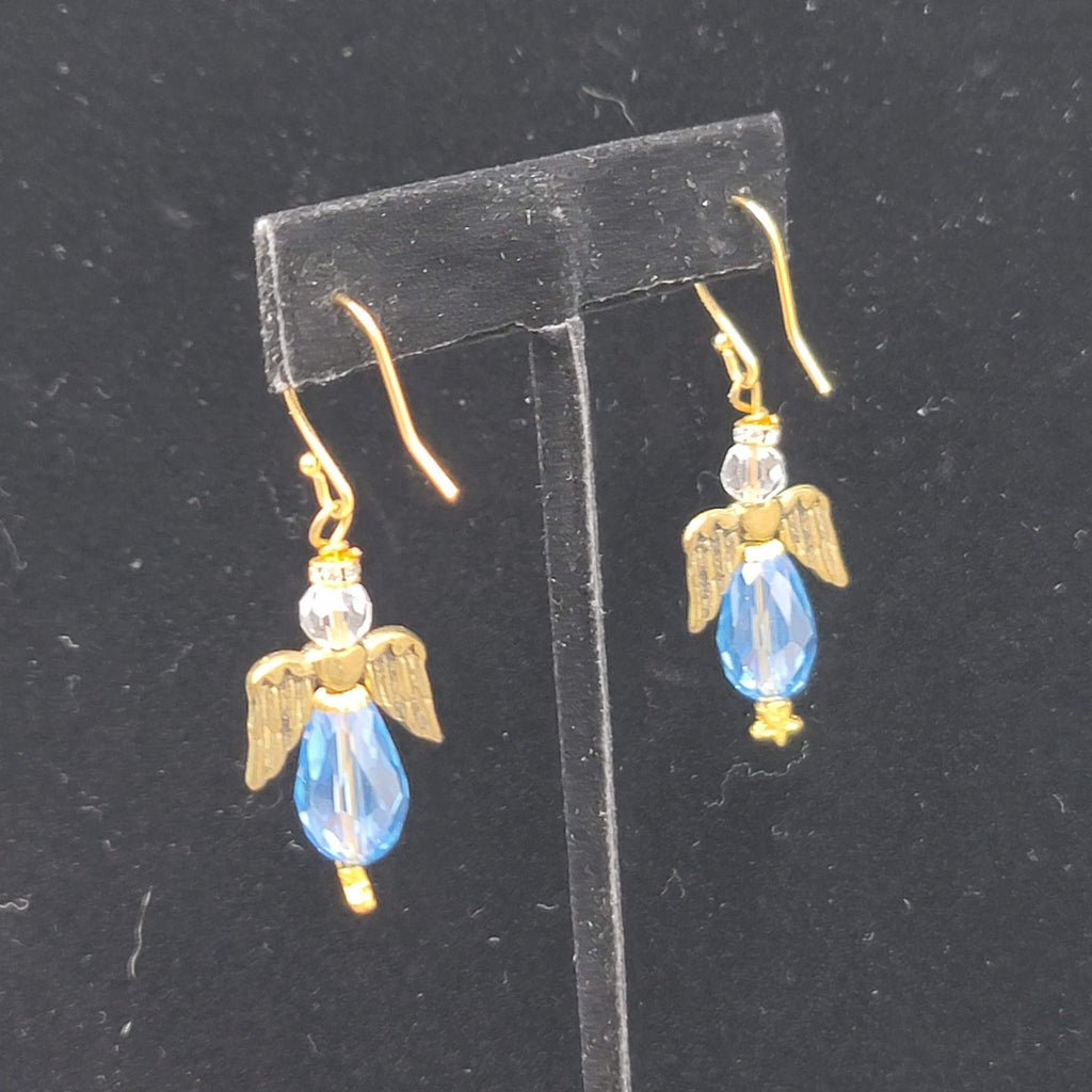 Angel Pierced Earrings Gold Tone Blue Glass Beads Dangle Hook 1.5"
