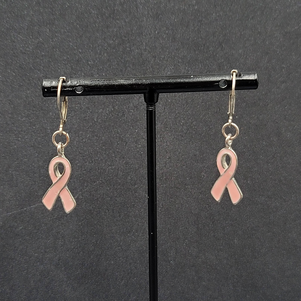 Pierced Earrings Silver tone Pink Enamel Breast Cancer Awareness Ribbon 3/4"