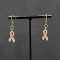 Pierced Earrings Silver tone Pink Enamel Breast Cancer Awareness Ribbon 3/4"