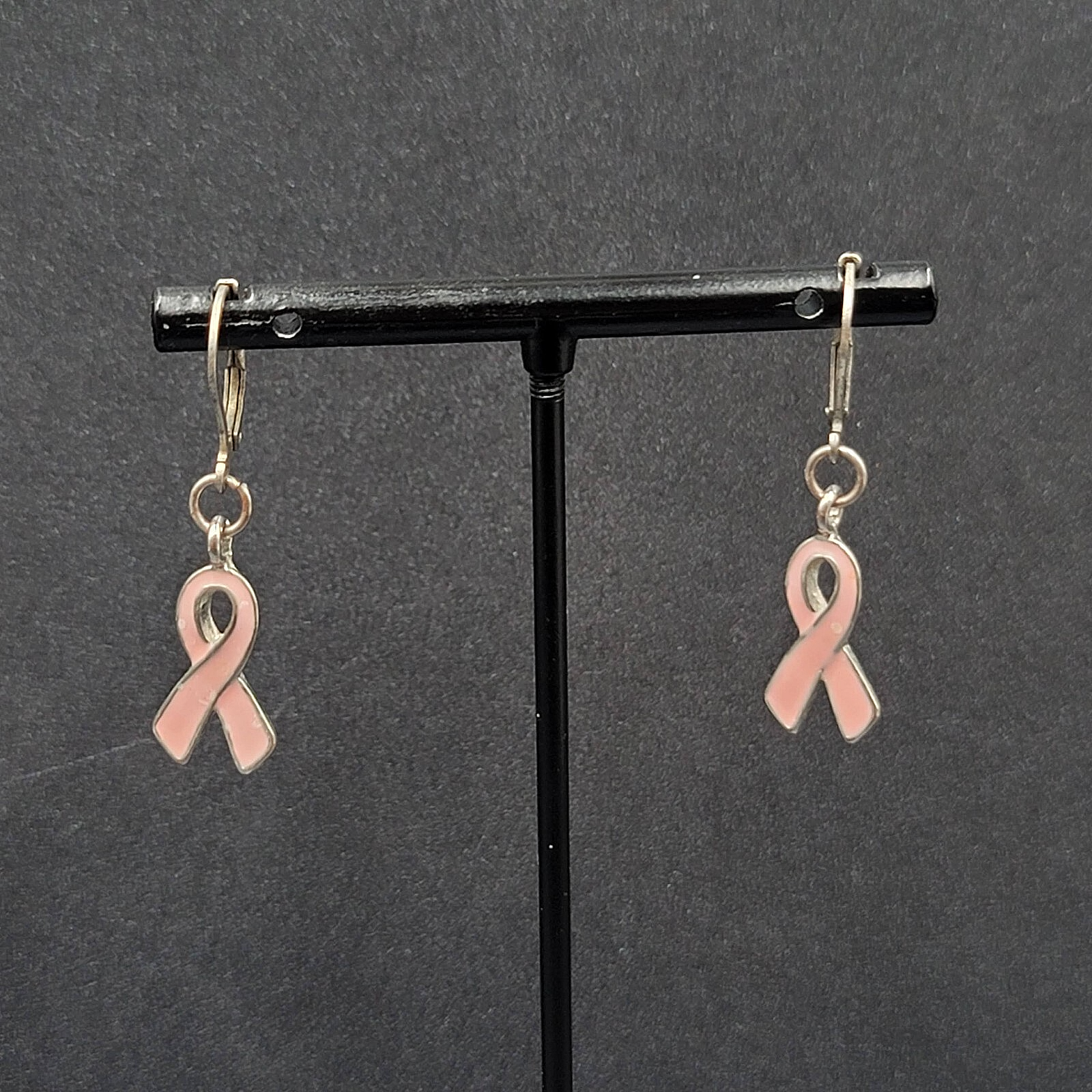 Pierced Earrings Silver tone Pink Enamel Breast Cancer Awareness Ribbon 3/4"