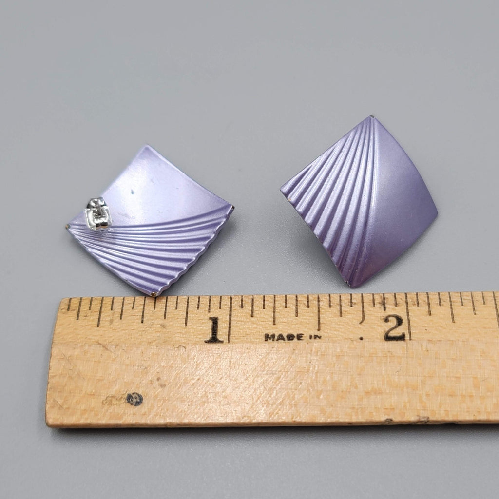 Vintage Pierced Earrings Satin Enamel Lavender Purple Square Drop 1"