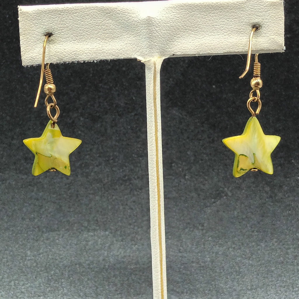 Pierced Earrings Gold tone Hook Green Dyed Shell Star Bead Dangle  5/8"
