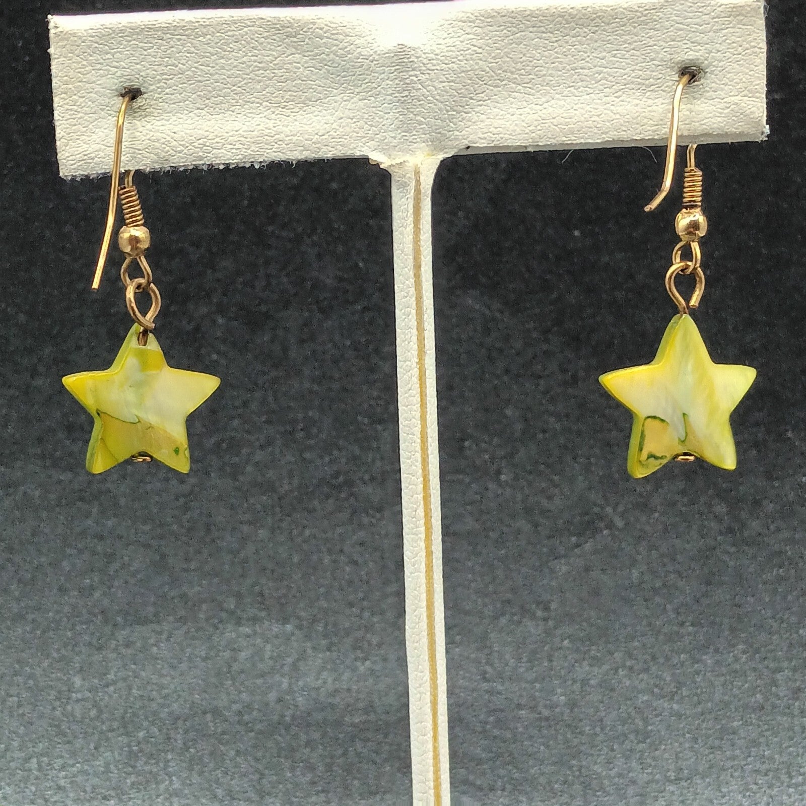 Pierced Earrings Gold tone Hook Green Dyed Shell Star Bead Dangle  5/8"